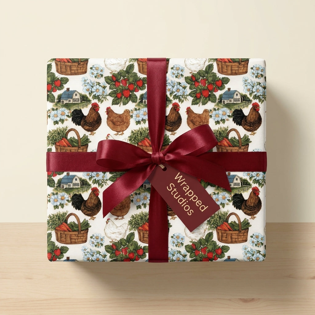 Rustic farmhouse chicken wrapping paper with a red satin bow by Wrapped Studios.