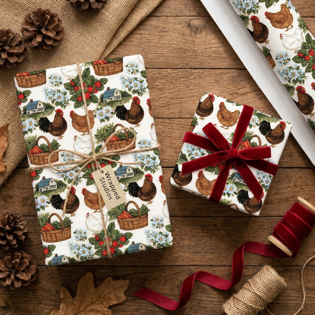 Rustic chicken wrapping paper by Wrapped Studios on gifts with a red velvet ribbon on a wooden table.