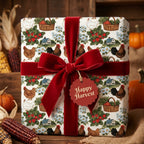 Rustic farmhouse wrapping paper with chickens and red velvet bow on a Thanksgiving gift by Wrapped Studios.