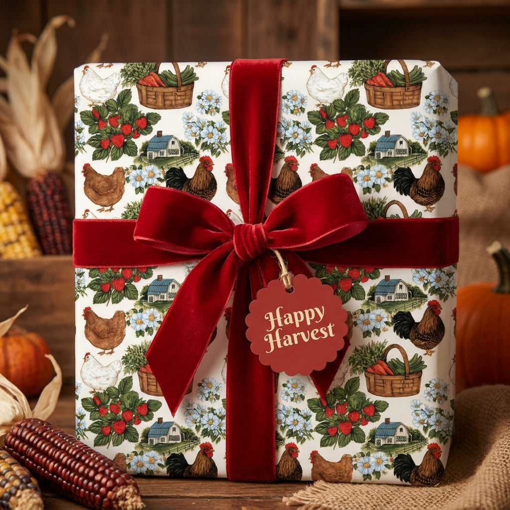 Rustic farmhouse wrapping paper with chickens and red velvet bow on a Thanksgiving gift by Wrapped Studios.