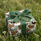 Farmhouse wrapping paper with chickens and barn pattern, green ribbon bow in grassy meadow by Wrapped Studios.