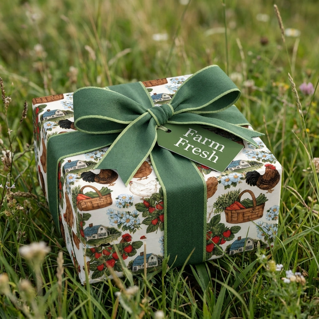Farmhouse wrapping paper with chickens and barn pattern, green ribbon bow in grassy meadow by Wrapped Studios.