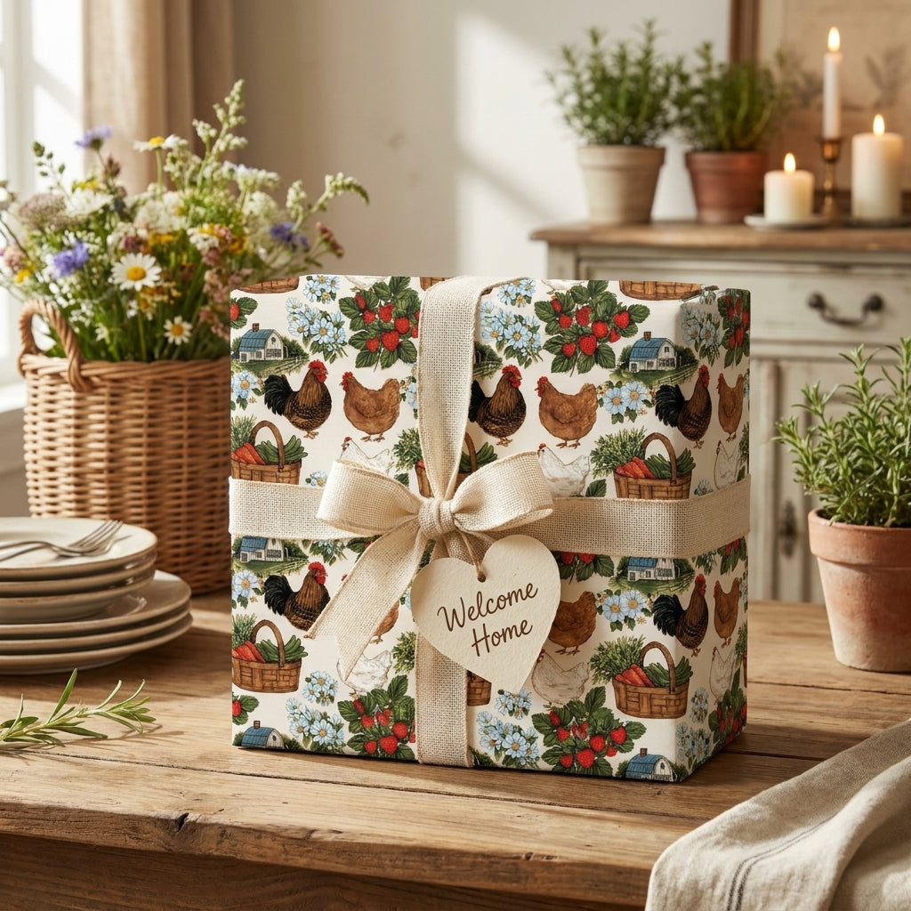 Rustic farmhouse chicken wrapping paper on a gift box with a burlap bow, by Wrapped Studios.