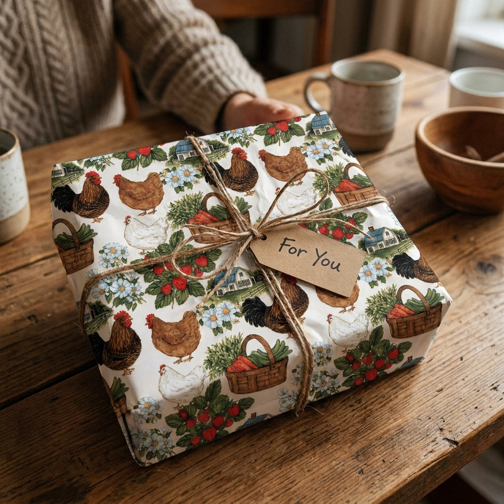 Rustic farmhouse wrapping paper with chickens and berries, tied with twine, from Wrapped Studios.