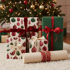 Elegant Christmas gift wrap with red and green ornament patterns, tied with velvet and burlap ribbons, under a festive tree.