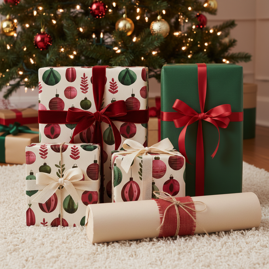 Elegant Christmas gift wrap with red and green ornament patterns, tied with velvet and burlap ribbons, under a festive tree.