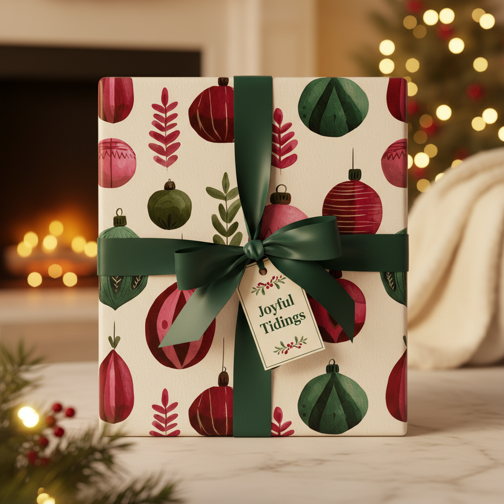 Christmas gift wrap with red and green ornament pattern, dark green satin ribbon, and "Joyful Tidings" tag on a festive holiday background.