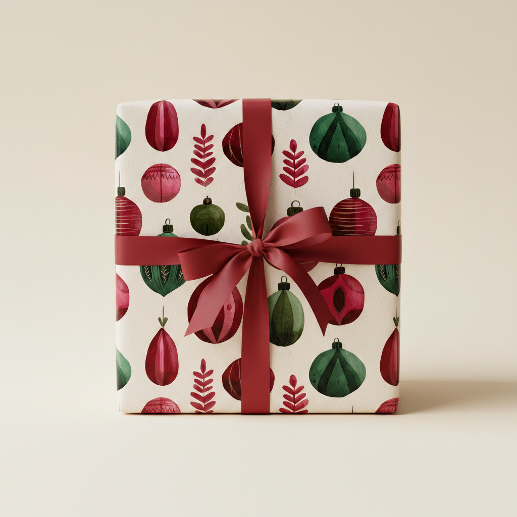 Christmas gift wrapped in festive paper with red and green ornaments, tied with a luxurious deep red satin ribbon.