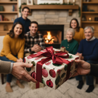 Christmas gift exchange with family, festive ornament wrapping paper and a red ribbon bow in front of a cozy fireplace.