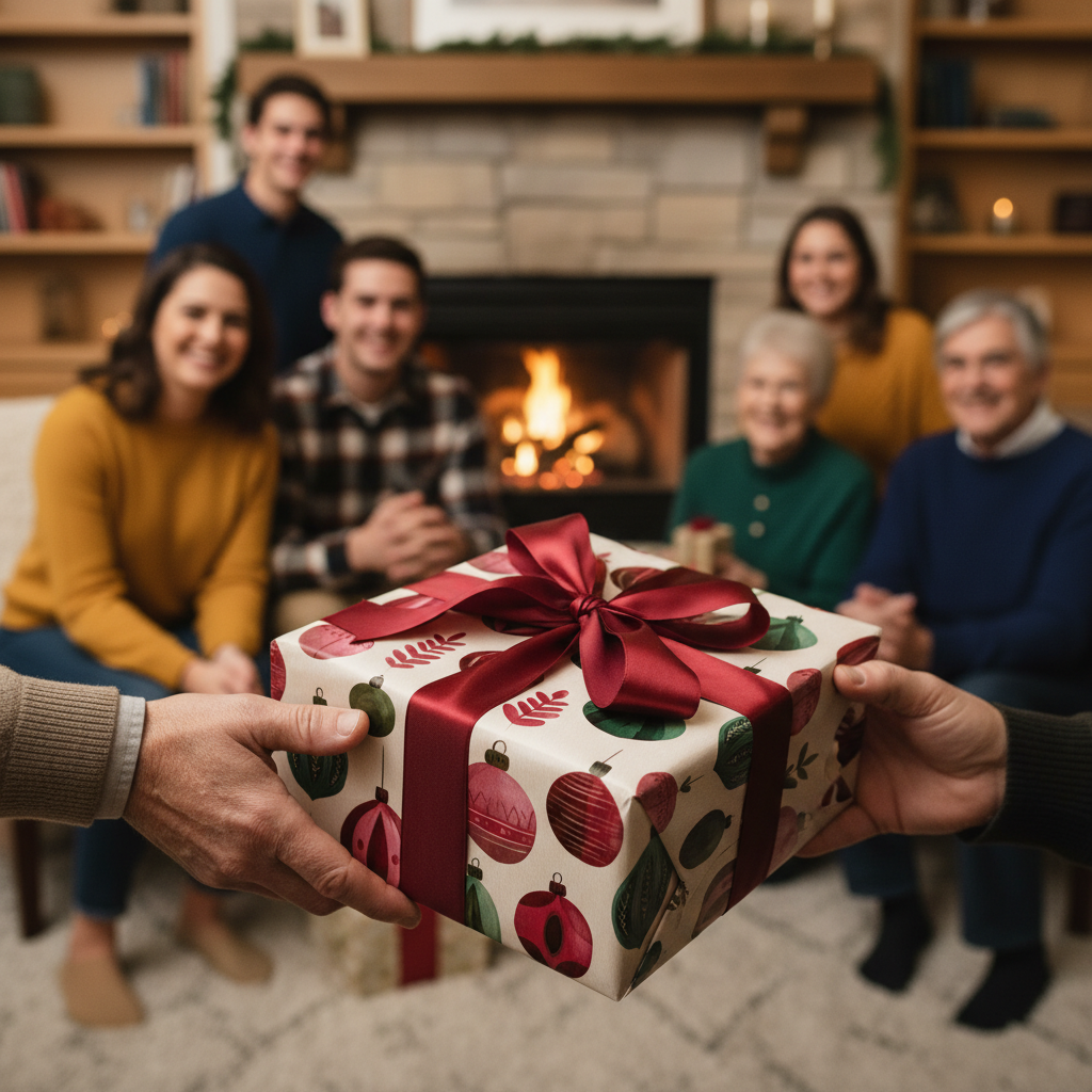 Christmas gift exchange with family, festive ornament wrapping paper and a red ribbon bow in front of a cozy fireplace.