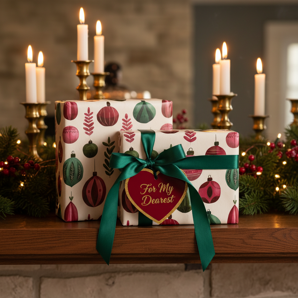 Festive Christmas gift wrap with a vintage ornament pattern, green ribbon, and a "For My Dearest" tag, set on a mantel with candles and garland.