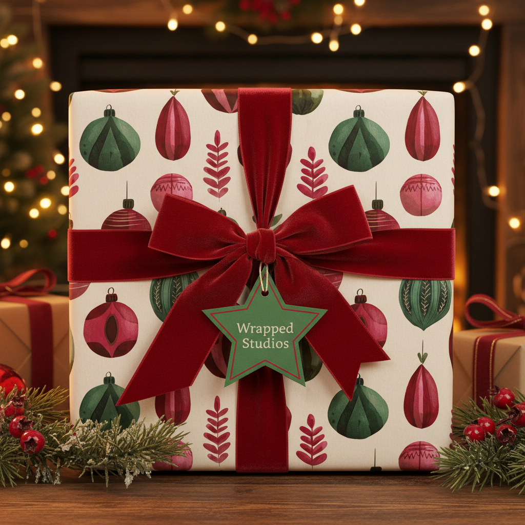 Christmas gift wrap featuring festive red and green ornaments and berry sprigs, tied with a luxurious red velvet bow.
