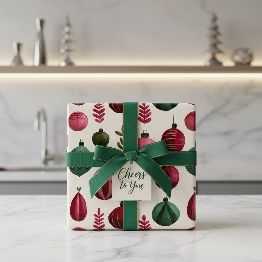 Luxury Christmas gift wrap with a festive ornament pattern in red and green, tied with a dark green ribbon and "Cheers to You" tag.