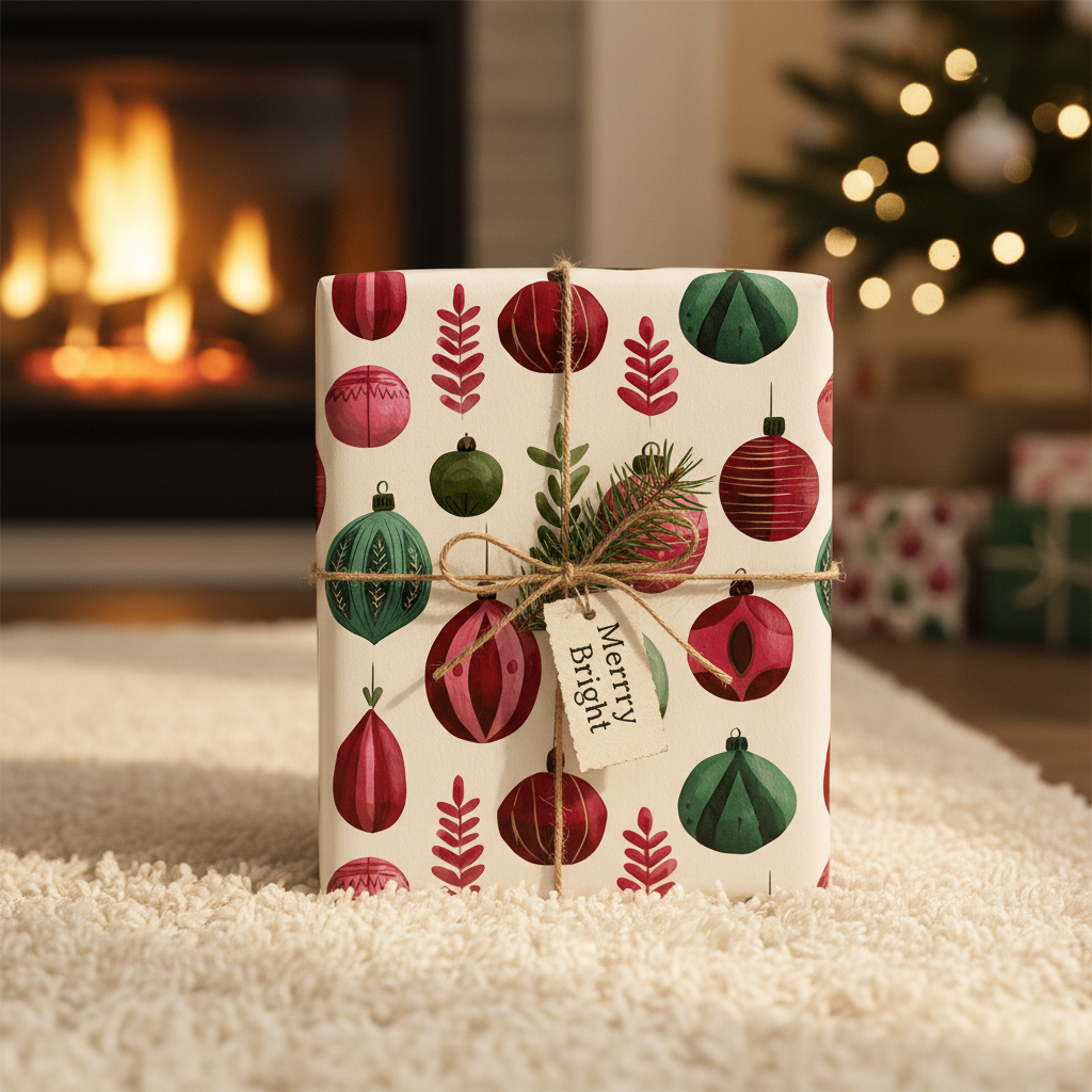 Festive Christmas wrapping paper with red and green ornament pattern, natural twine, and "Merry Bright" tag, beside a cozy fireplace.