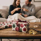 Festive Christmas wrapping paper with red ornament pattern, burgundy ribbon, and a "For You" tag, on a wooden table with a happy couple.