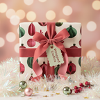 Christmas gift wrap featuring a festive ornament pattern in red and green, tied with a luxurious pink velvet ribbon and gift tag.