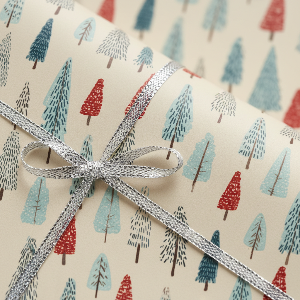 Elegant Christmas gift wrap with a whimsical blue and red tree pattern, tied with a shiny silver ribbon.