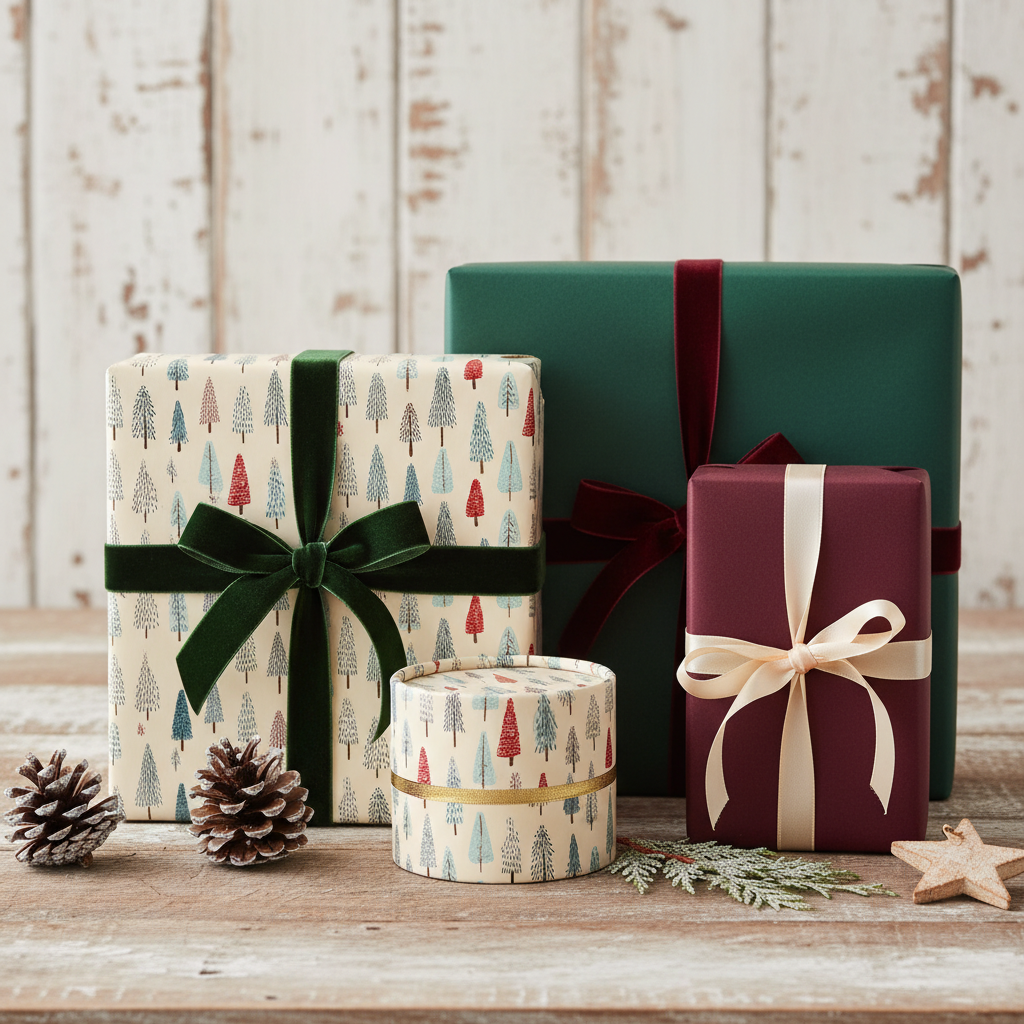 Elegant Christmas wrapping paper featuring green and burgundy gift boxes with velvet and satin ribbons, evergreen tree patterns, and pinecone accents.
