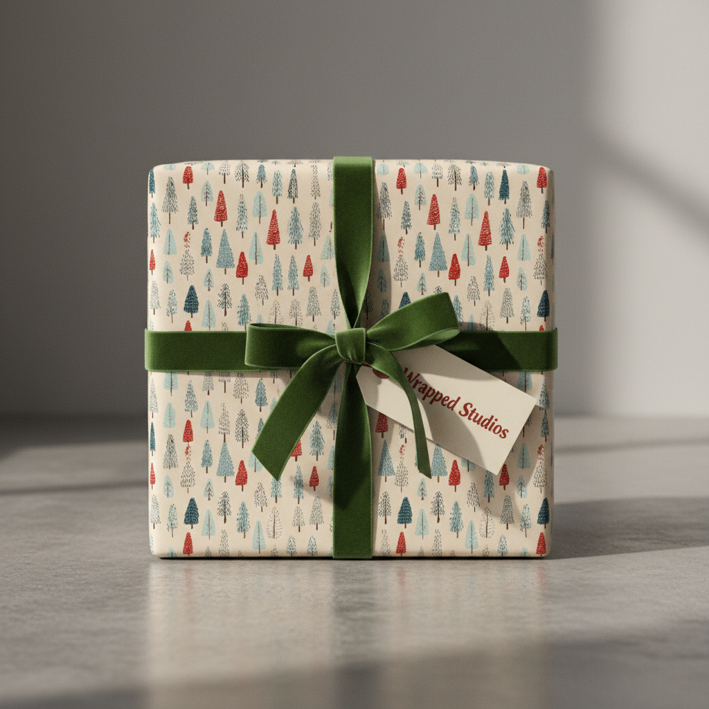 Winter forest Christmas wrapping paper with red, blue, and green trees, tied with a dark green velvet ribbon and a gift tag.