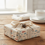 Rustic Christmas wrapping paper with blue and red trees, tied with a natural fabric ribbon and pinecone on a wooden table.