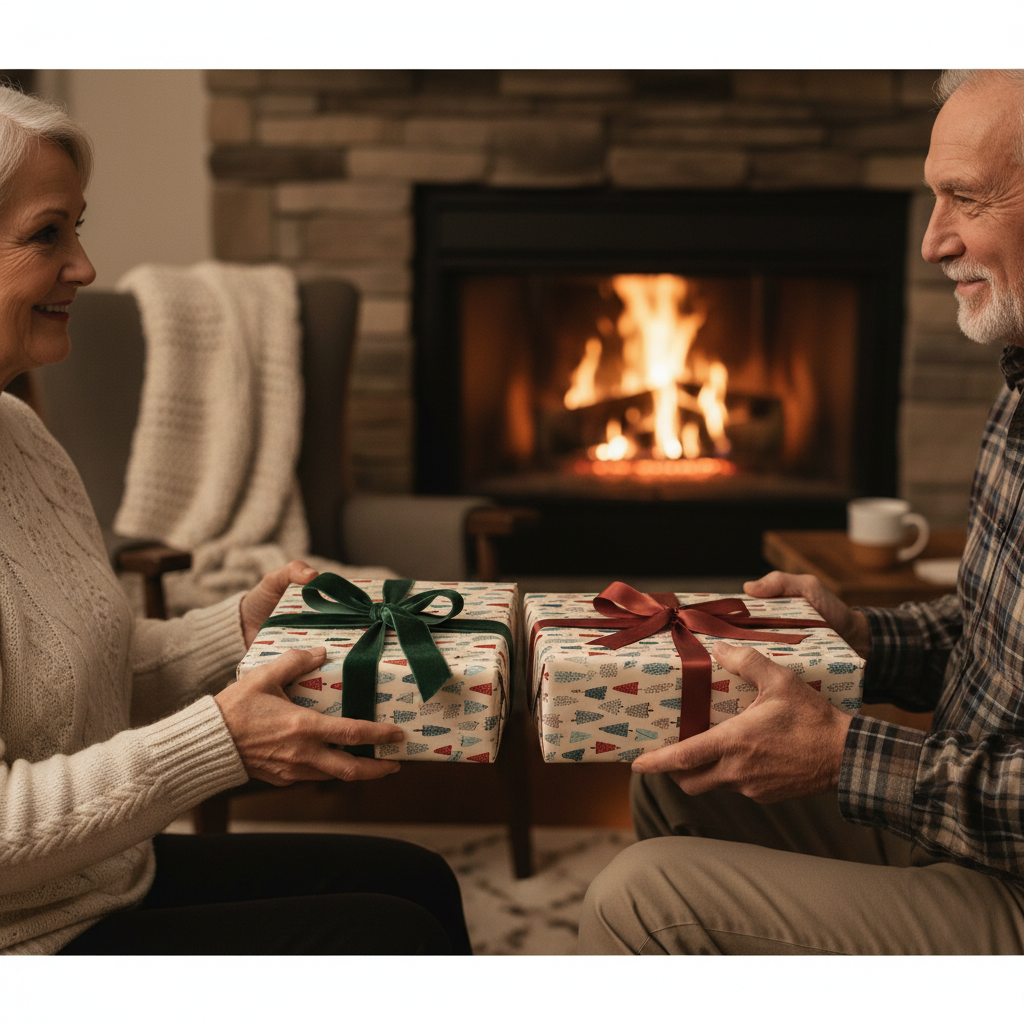 Elderly couple exchanging festive Christmas gifts with elegant bows by a cozy fireplace, perfect for holiday wrapping paper.