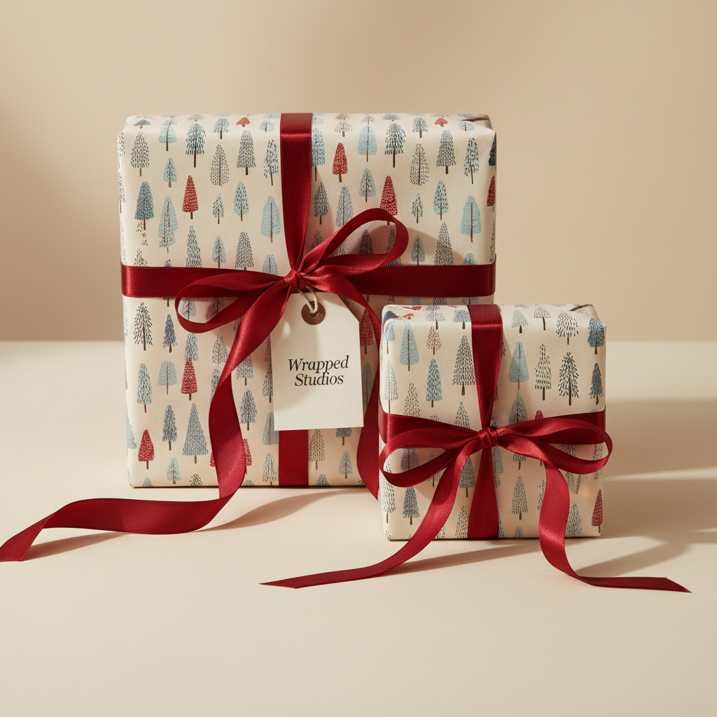 Modern Christmas wrapping paper with a red and blue pine tree pattern, tied with a luxurious red satin ribbon.