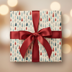 Cozy winter wonderland wrapping paper featuring a whimsical red and blue tree pattern, elegantly tied with a deep red satin ribbon and bow, perfect for Christmas or holiday gifts, set against a warm, softly blurred bokeh background.
