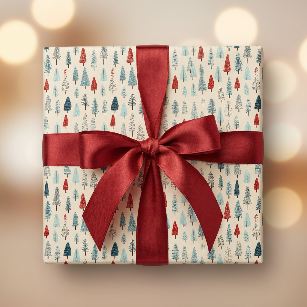 Cozy winter wonderland wrapping paper featuring a whimsical red and blue tree pattern, elegantly tied with a deep red satin ribbon and bow, perfect for Christmas or holiday gifts, set against a warm, softly blurred bokeh background.