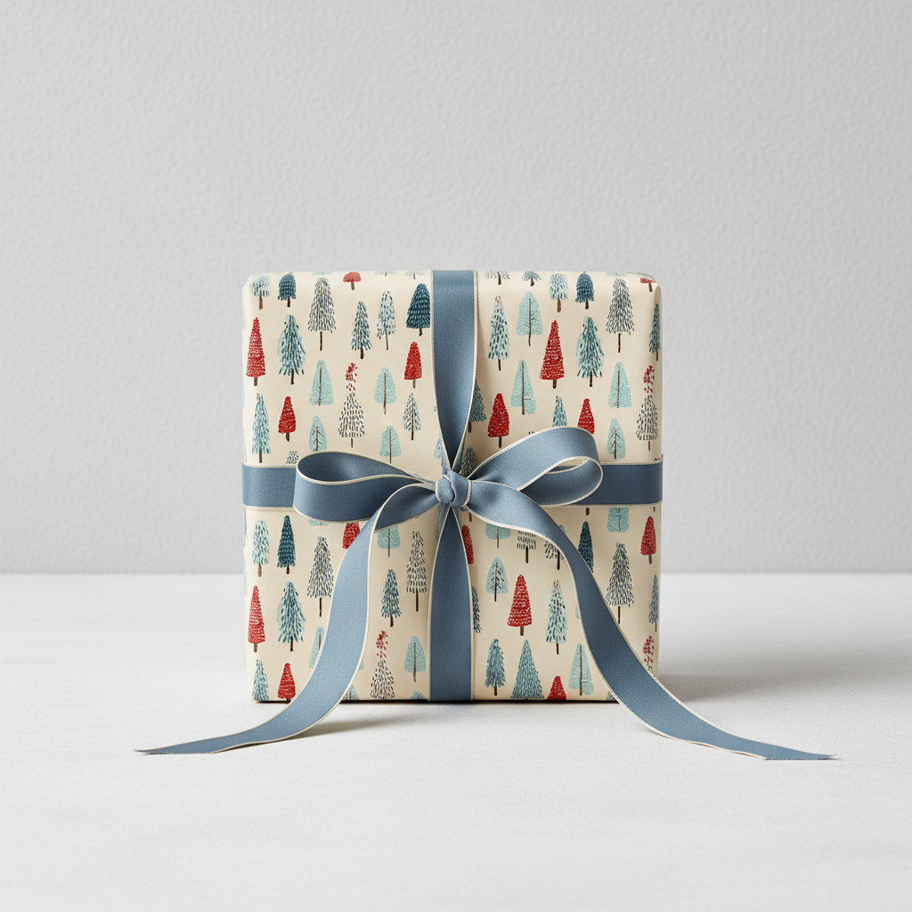 Modern Christmas wrapping paper with colorful trees and a blue ribbon, perfect for holiday gifts.