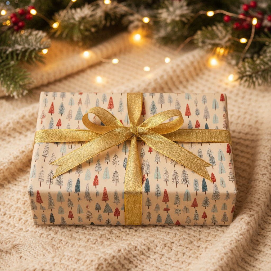 Christmas gift wrap with a festive tree pattern, gold ribbon, on a cozy knit blanket with fir branches and string lights.
