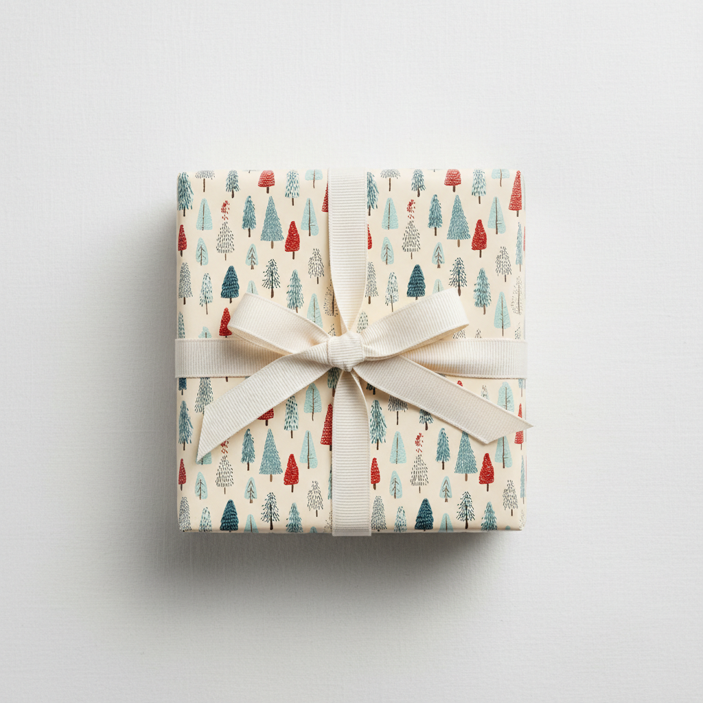 Festive Christmas wrapping paper with a playful red, blue, and green pine tree pattern, tied with a cream ribbon on a white background.