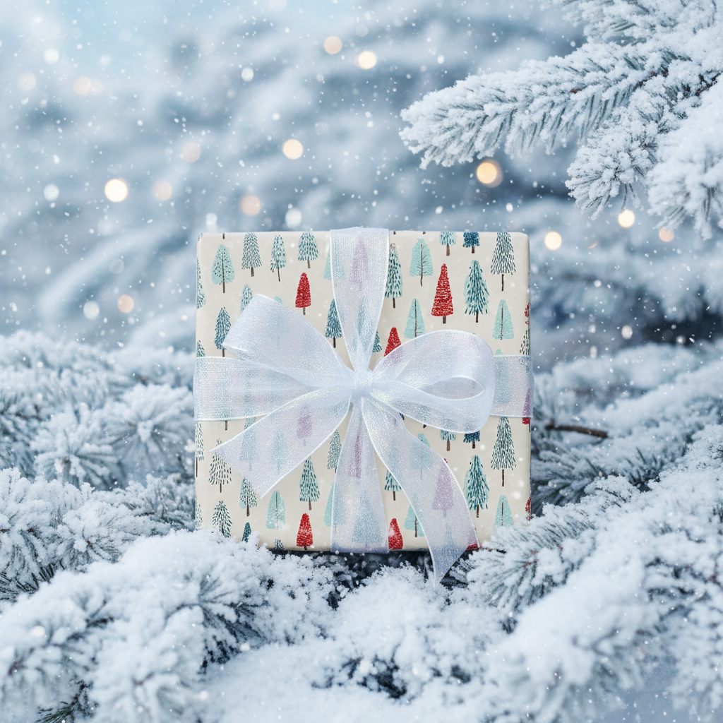 Christmas gift wrap featuring a festive, whimsical tree pattern in red and blue, tied with a white glitter ribbon on snowy branches.