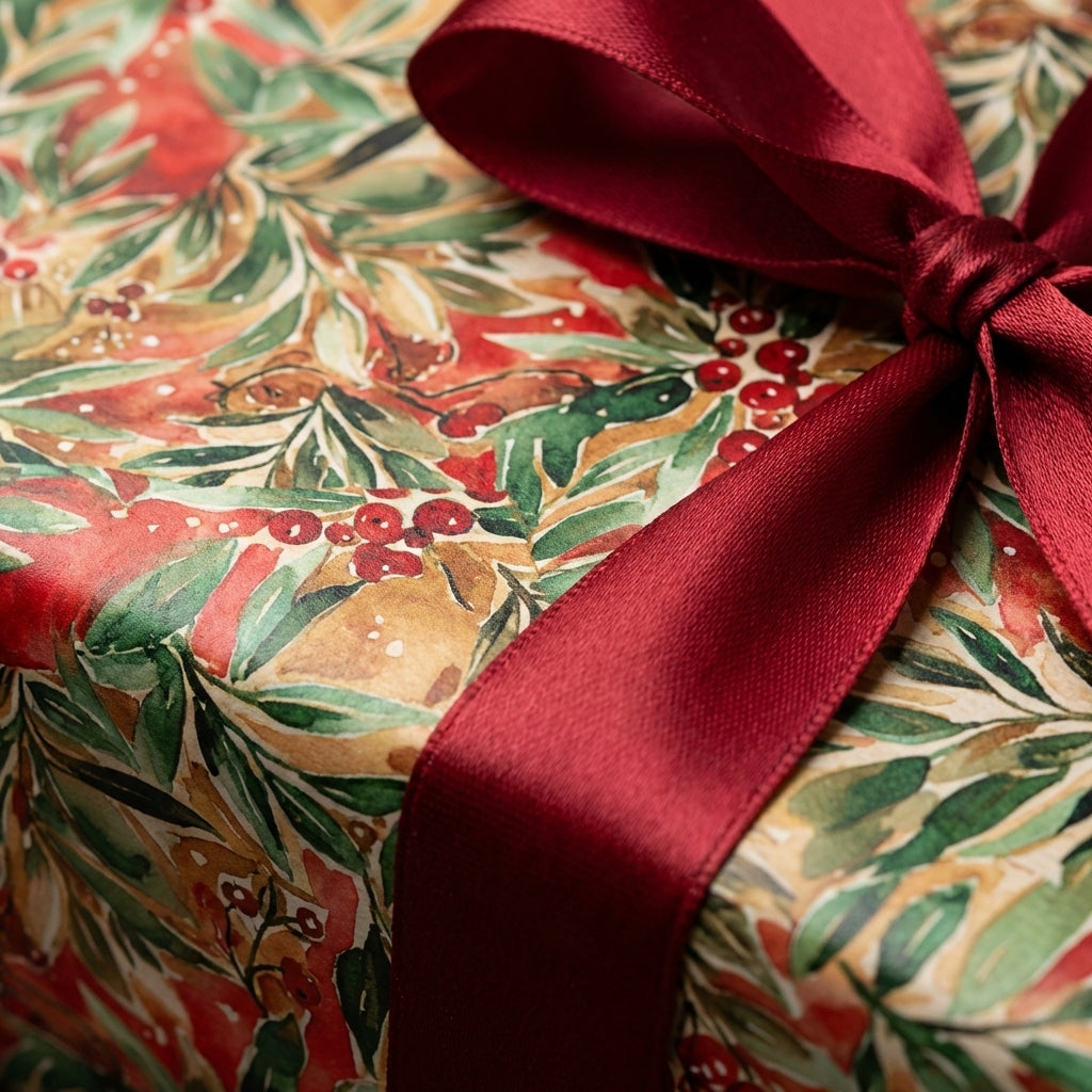 Festive watercolor Christmas wrapping paper featuring red berries, green foliage, and a dark red satin bow.
