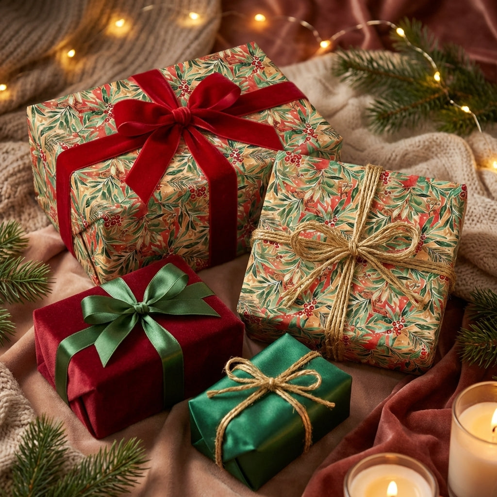 Luxury Christmas wrapping paper with botanical holly & berry pattern, red velvet & green satin ribbons, cozy holiday gifts.