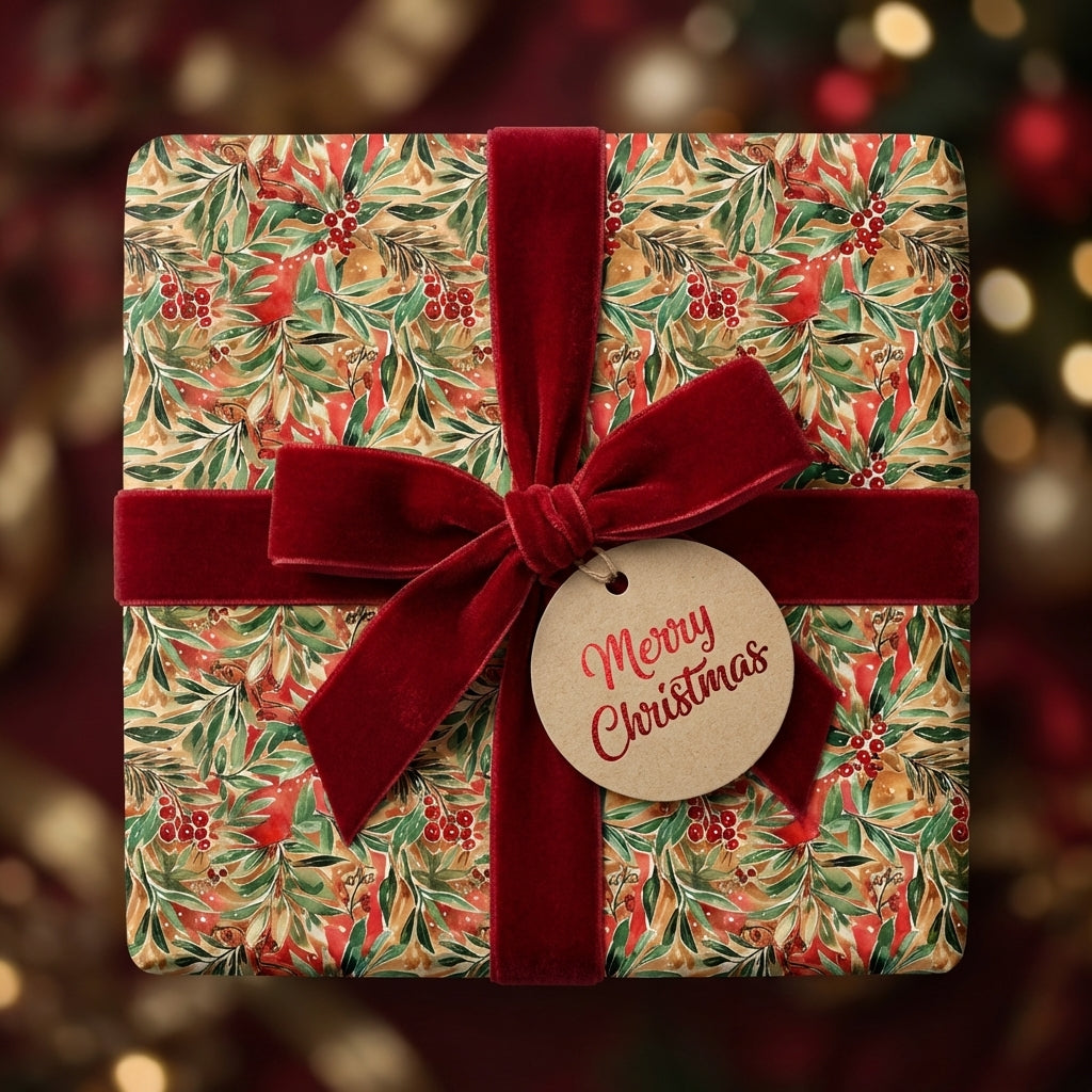 Elegant Christmas gift wrap: watercolor botanical pattern with red berries & leaves, deep red velvet bow, Merry Christmas tag.