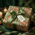 Luxury botanical Christmas gift wrap with watercolor holly, green satin bow & "Warmest Wishes" tag. Wrapped Studios.