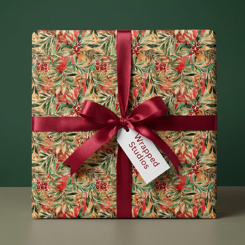 Elegant Christmas holly berry watercolor gift wrap with deep red satin ribbon. Wrapped Studios.