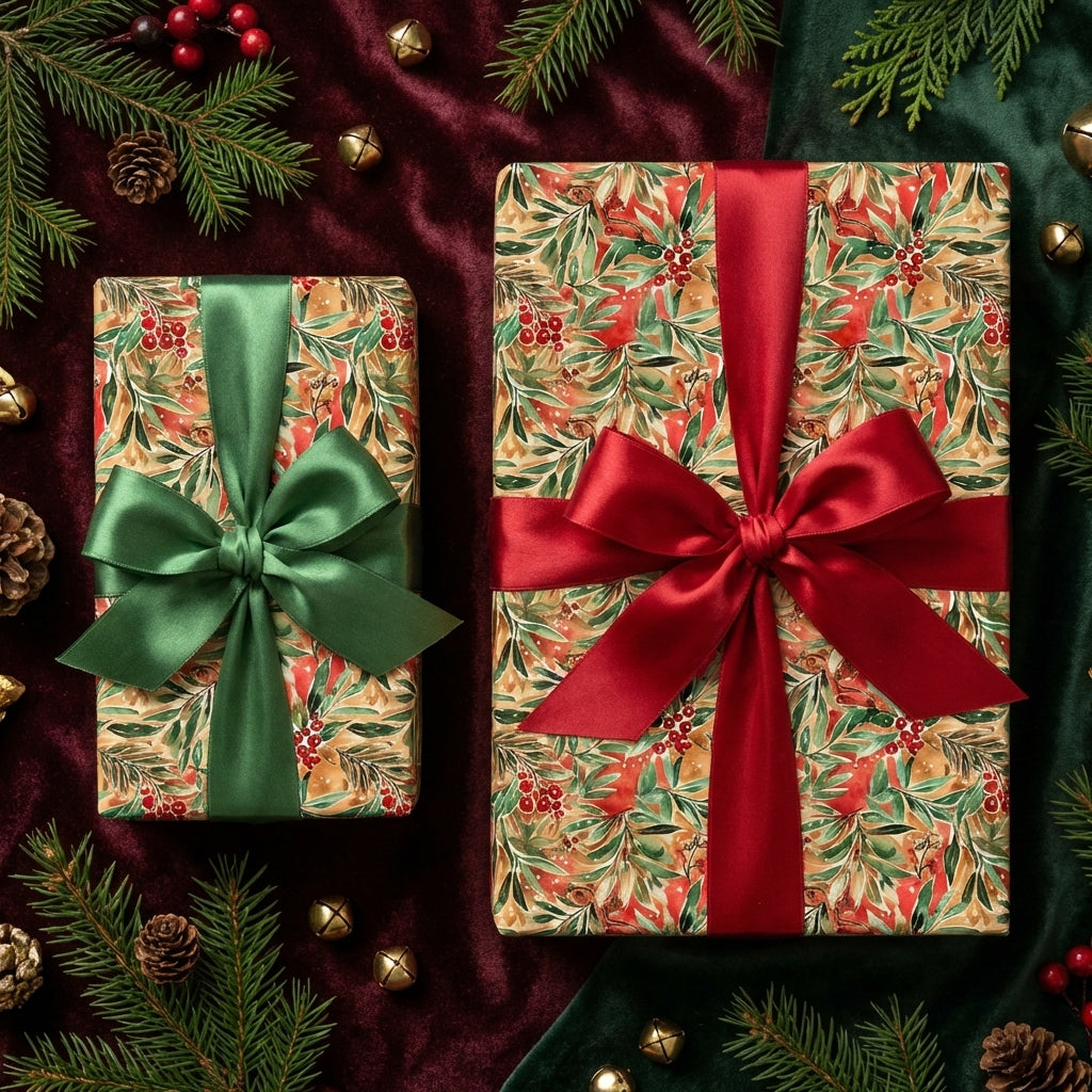 Elegant Christmas wrapping paper featuring winter foliage, red berries, and classic red & green satin bows.