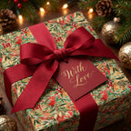 Wrapped Studios elegant Christmas wrapping paper: watercolor holly, berries, red ribbon, 'With Love' gift tag.