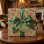 Luxury Christmas wrapping paper with red berry & green leaf pattern, deep green ribbon, gold bow & 'No Peeking!' tag.