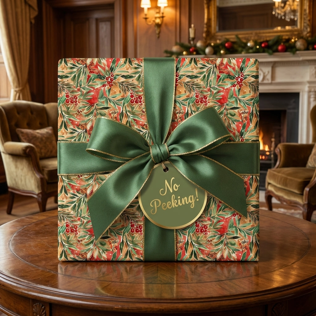 Luxury Christmas wrapping paper with red berry & green leaf pattern, deep green ribbon, gold bow & 'No Peeking!' tag.