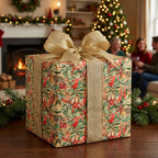 Elegant Christmas wrapping paper with watercolor berries & green leaves, tied with a gold burlap bow. Wrapped Studios.