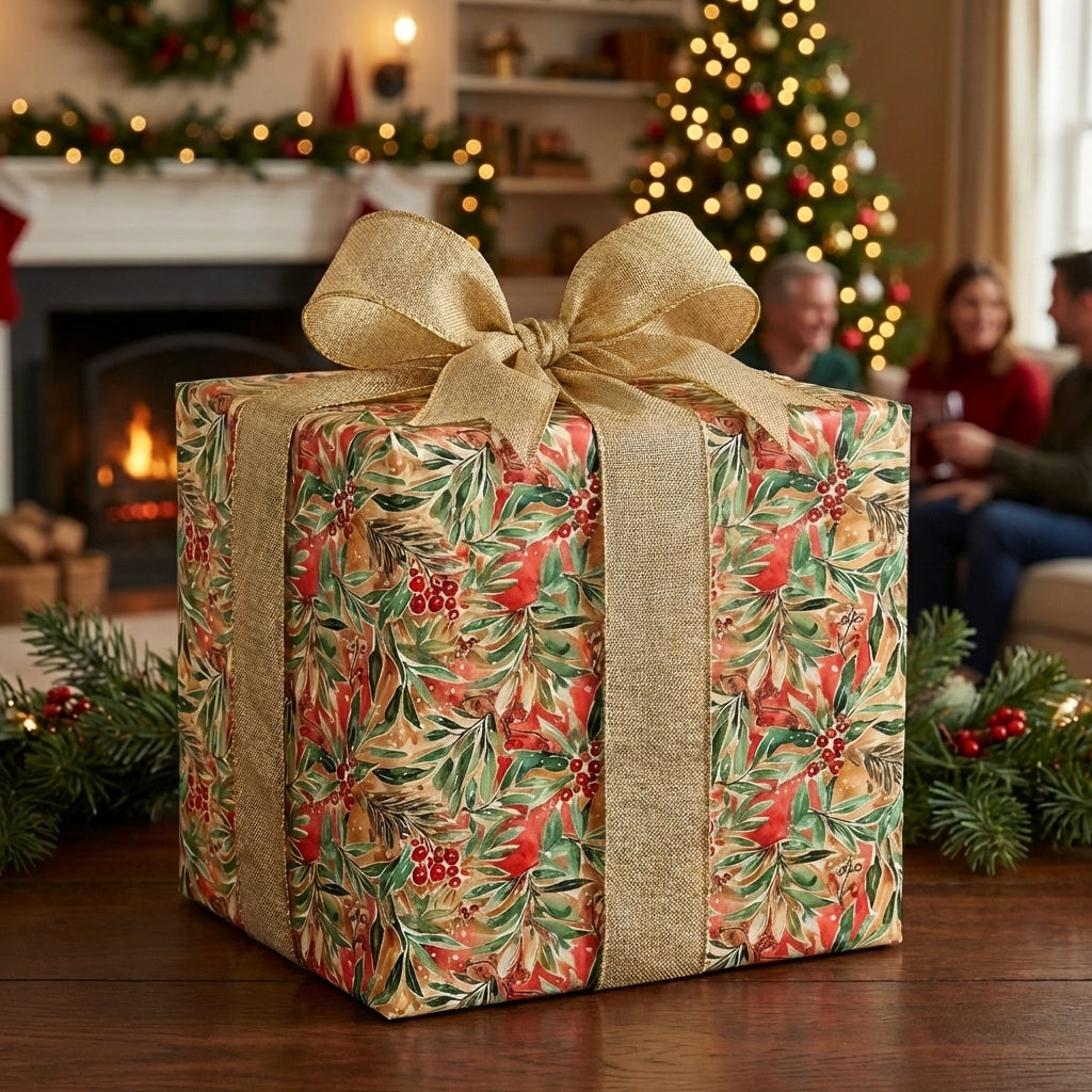 Elegant Christmas wrapping paper with watercolor berries & green leaves, tied with a gold burlap bow. Wrapped Studios.