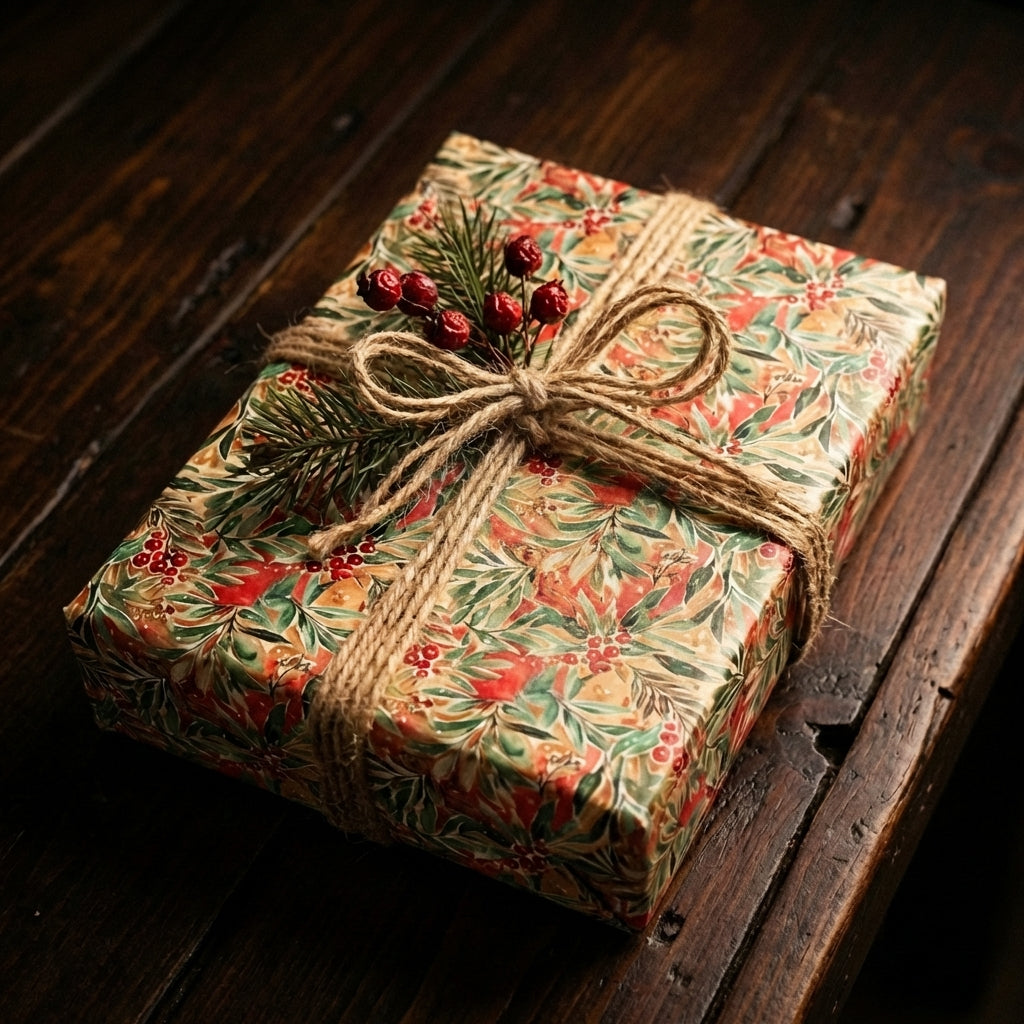 Vintage botanical holiday gift wrap with red berries, green leaves, twine bow & pine sprig on a dark wooden table.