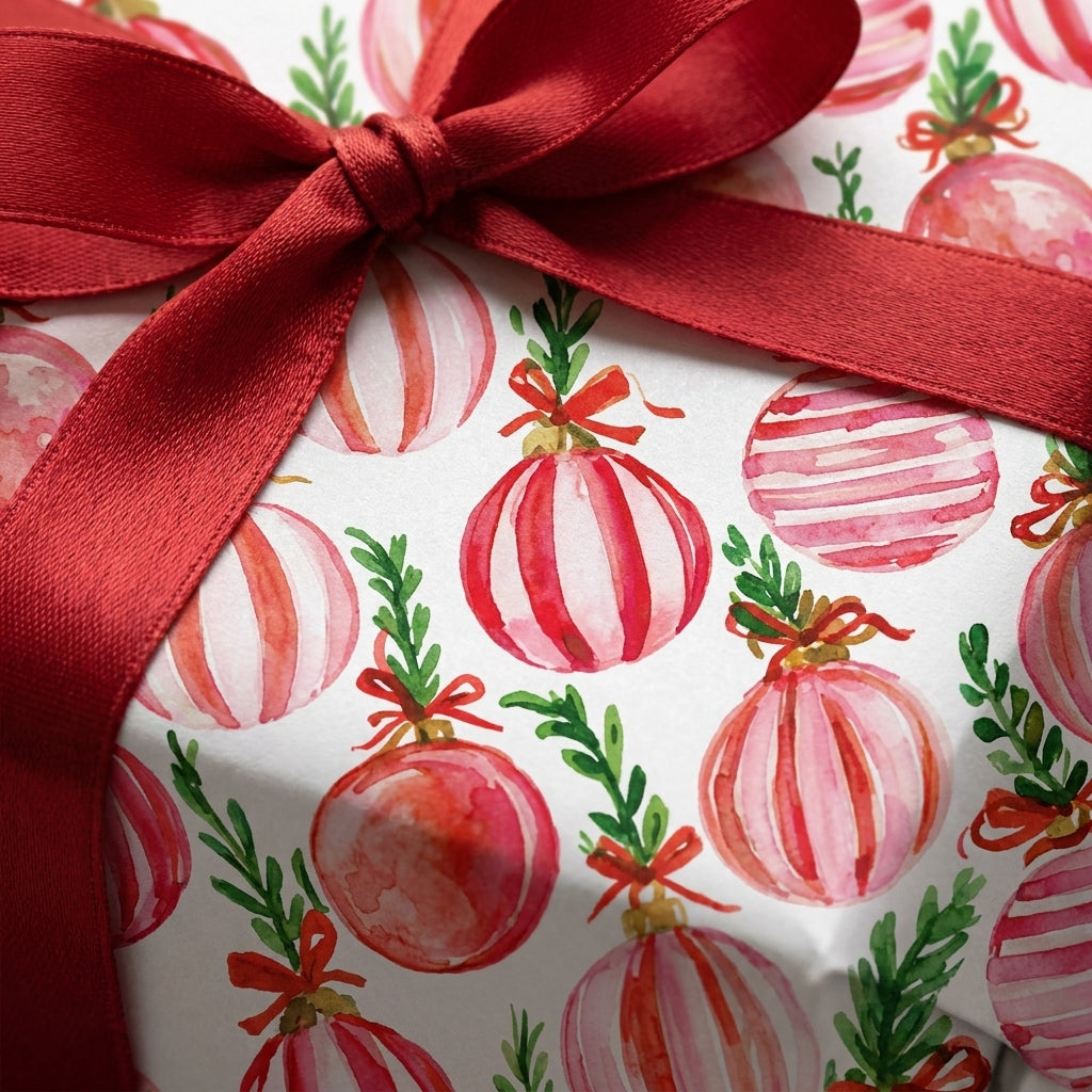 Pink watercolor ornament Christmas wrapping paper with a red satin bow by Wrapped Studios.