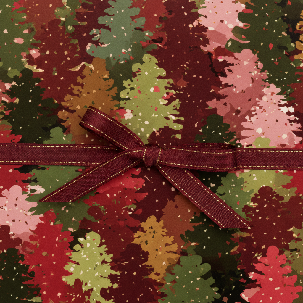 Burgundy bow on festive Christmas gift wrap with a modern pine tree pattern in red, green, and gold.