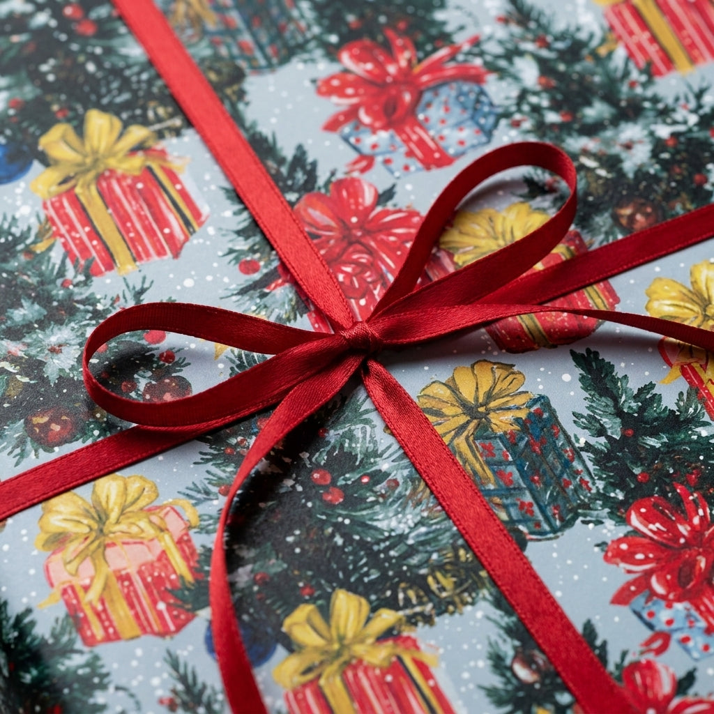 Vintage Christmas wrapping paper with a festive tree pattern and red ribbon bow by Wrapped Studios.