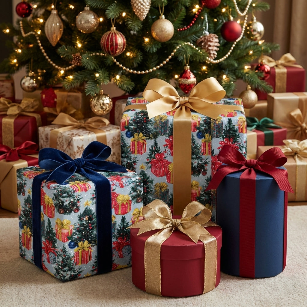 Luxury Christmas gift wrap with festive trees and velvet bows under the tree by Wrapped Studios.