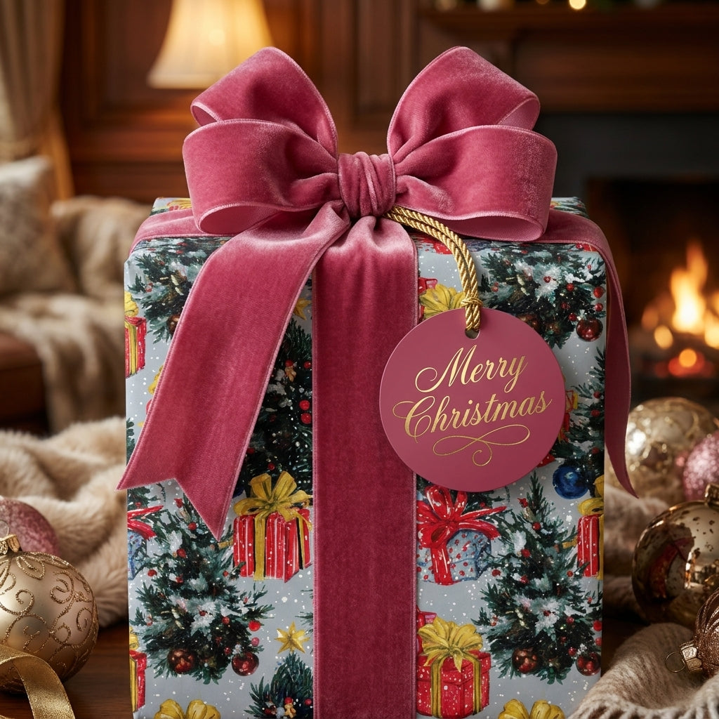 Luxury Christmas wrapping paper with a pink velvet bow and Merry Christmas tag by Wrapped Studios.