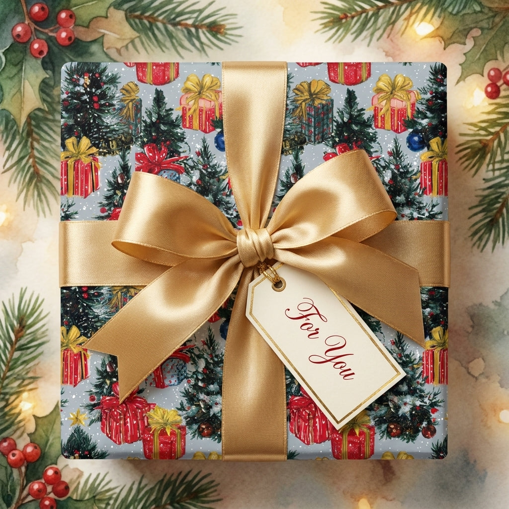 Elegant Christmas gift wrap with tree pattern and gold satin bow. Holiday wrapping paper by Wrapped Studios.